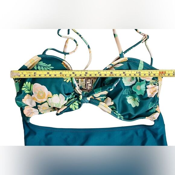 Tropical Floral Cut Out Tummy Teal Moderate Coverage 1pc Swimsuit SMALL Vacation - Picture 3 of 10